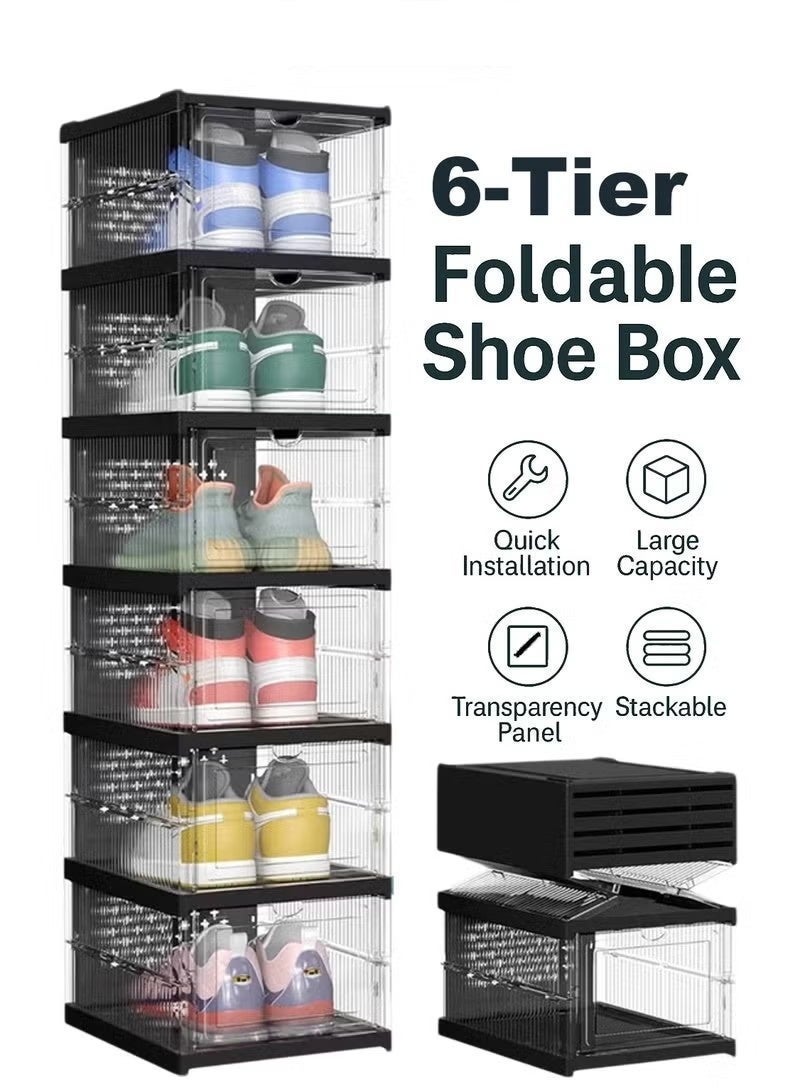 BaytEasy 6-Tier Shoe Storage Organizer- Transparent Black, Installation-Free Foldable Shoe Rack, Stackable Portable Shoe Box Set - Image 1